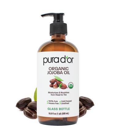 PURA D'OR 16.9 Oz Organic Jojoba Oil (GLASS BOTTLE) USDA Certified - 100% Pure & Natural Moisturizer - Cold Pressed Unrefined Hexane Free Base Carrier Oil For DIY Skin Care Hair Face & Nails 16.9 Fl Oz (Pack of 1)