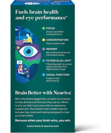 NEURIVA Brain + Eye Supplement with Lutein, Vitamins A C E, Zinc | Memory, Focus & Eye Health | 30 ct Capsules - Buy Online on GoSupps.com