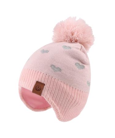 XIAOHAWANG Knitted Baby Hat Winter Warm Boys Girls Beanie Fleece Lining Toddler Kids Hat with Pompom 2-4 Years Pink Heart Hat