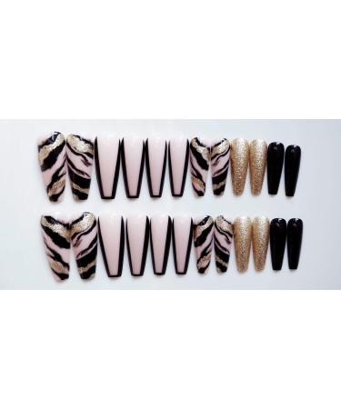 French Tip Press on Nails - Long T Press On Nails with Nail Tips glitter black gold false nails press on nails Acrylic False Nails Cute Artificial Nails - Buy Online on GoSupps.com