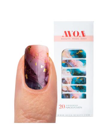 Avoa Beauty nail film - "Romancing the Stone" pink blue green gold semi -transparent marble nail art design 20 thin self -adhesive long -lasting nail wraps