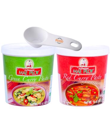 Mae Ploy Thai Green & Red Curry Paste 400g Each + World Food Shop 20ml Measuring Scoop | Authentic Thai Curry Paste Hot And Mild Chilli Asian Food