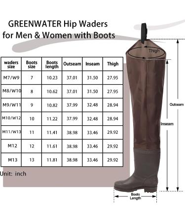 GREENWATER Waterproof Hip Waders with Boots for Men Women | Adult Bootfoot Hip Waders for Fishing & Hunting | Brown M7/W9 - Buy Online on GoSupps.com