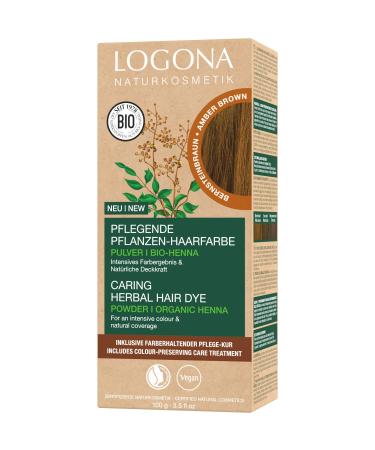 Logona natural cosmetics nourishing herbal hair color vegan hair color powder with organic henna for intensive color and shine plant hair color in amber brown (brown) 1 x 100g amber brown (1 Pack)