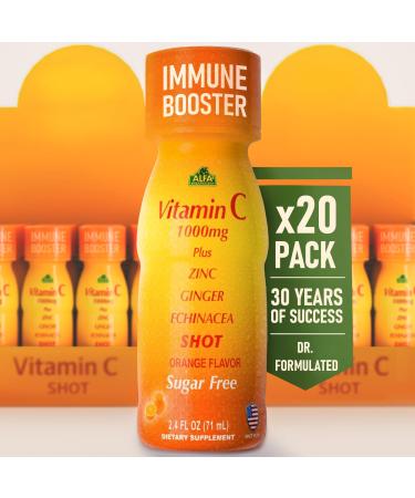 ALFA VITAMINS Vitamin C Shot 1000mg with Zinc, Ginger & Echinacea Supports Immune Health & Daily Wellness Orange Flavor 2.4 FL Oz Bottle 20 Pack 2.4 Fl Oz (Pack of 20)