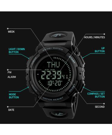 Mens Military Digital Sports Watch with Survival Compass | 50M Waterproof, 3 Alarm, Stopwatch | Black - Buy Online on GoSupps.com
