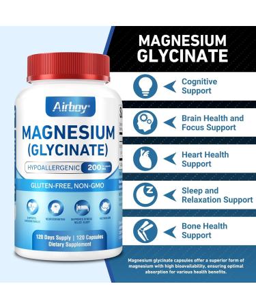 Airboy Magnesium Glycinate 200 mg Best Magnesium Glycinate for Sleep 120 Vegan Small Capsules High Absorption Support Relaxation Sleep and Calm Mood Non-GMO and No Gluten - Buy Online on GoSupps.com