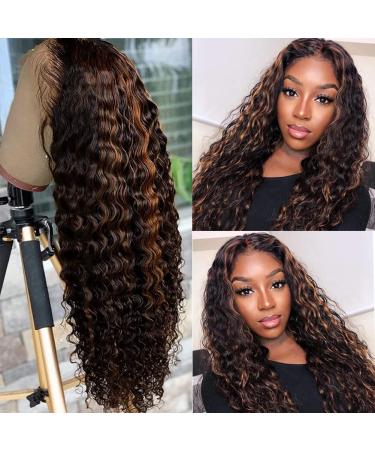 Highlight Ombre Lace Front Wig Human Hair Highlight 1B/30 Black Brown 13x4 Transparent Lace Frontal Wigs Pre Plucked With Baby Hair Deep Wave Ombre Honey Blonde Human Hair Wigs for Black Women 180% Density 24 Inch 24 Inc...