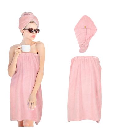 Women Microfiber Bath Wrap Towel and Hair Drying Towel - Adjustable Soft Body Wraps Dress with Hair Towel Super Absorbent to Quick Drying Hair and Body (Pink)