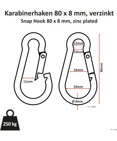 C.P.Sports 10x Galvanized Carabiner Hooks 80mm x 8mm | 250kg Resilient Steel | Durable for Sports Camping Outdoor and Keychain | 10 Pack Silver - Buy Online on GoSupps.com