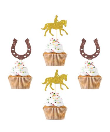 RoadSea Western Hose Racing Cupcake Toppers - Horse Derby Party Cupcake Supplies - Horseshoe Kentucky Derby - Cowboy Birthday Anniversary Party Dessert Decorations - 24 PCS Glitter