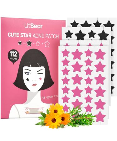 LitBear Acne Patch Pimple Patch  Black & Pink Star Shaped Acne Absorbing Cover Patch  Hydrocolloid Acne Patches For Face Zit Patch Acne Dots  Tea Tree Oil + Centella  112 Patches  14mm & 10mm