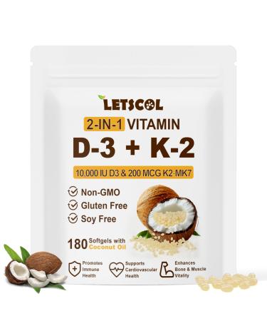 2-in-1 Vitamin D3 K2 Supplement Softgel Vitamin D3 10000 IU and Vitamin K2 200 mcg K2 MK7 with D3 Vitamin Supplement Support Immune Heart Joint Teeth & Bone Health 180 Count (Pack of 1) 10 000 IU D3 & 200MCG K2 180 Sof