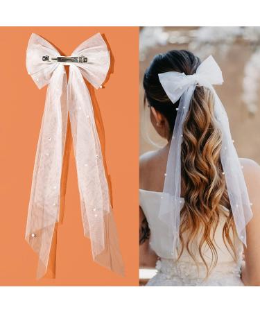 White Bow Hairpin Bridal Bridesmaid Net Pearl Hair Clip - Oversize Princess Bow Knot for Women - Ideal Bachelorette Party Gift - Buy Online on GoSupps.com