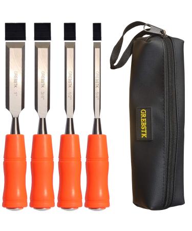 GREBSTK 4 Piece Wood Chisel Tool Sets Sturdy Chrome Vanadium Steel Chisel Woodworking Tools with Leather Bag  4PCS  1/4 inch 1/2 inch 3/4 inch 1 inch Regular Size Grip