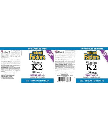 Natural Factors Vitamin K2 100 mcg BONUS SIZE 360 Vegetarian Capsules MK-7 from Natto Bean Helps Support Bones Vegan 60 Free Capsules - Buy Online on GoSupps.com
