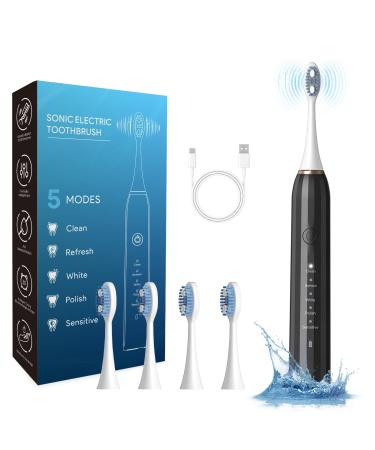 Sonic Electric Toothbrush for Adults - Rechargeable Smart Automatic Power Toothbrushes with 4 Heads 5 Modes Soft Dupont Bristles IPX7 Waterproof (Black)
