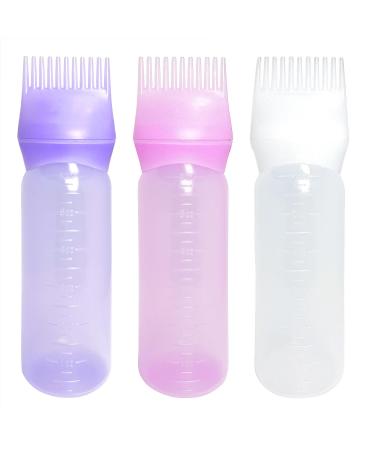 Tenalleys 3 Pack Hair Dye Brush Root Comb Applicator Bottle 6 Ounce Hair Dye Bottle with Graduated Scale for Hair Bleach Hair Dye Hair Care(Pink Purple White)