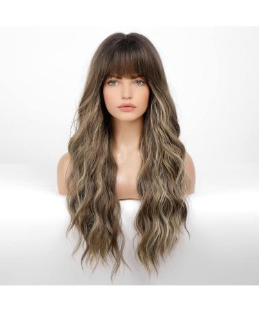 EMMOR Ombre Grey Blonde Highlight Color Wig with Bangs | Long Curly Heat Resistant Synthetic Hair - Natural Daily Look - Buy Online on GoSupps.com