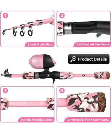 PLUSINNO Kids Fishing Pole with Spincast Reel Telescopic Rod Combo - Pink 47.24In - Ideal for Boys, Girls, and Adults - Buy Online on GoSupps.com