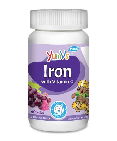 YumVs Iron Jellies/Gummy Bears for Kids w/Vitamin C Grape Flavor Chewables Daily Dietary Supplement for Children Vegan Kosher/Halal Gluten Free (60 Ct)