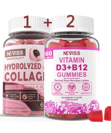 NEVISS Hydrolyzed Collagen Peptides + Vitamin D3 + B12 Gummies 1+2 3 Pack Vegan
