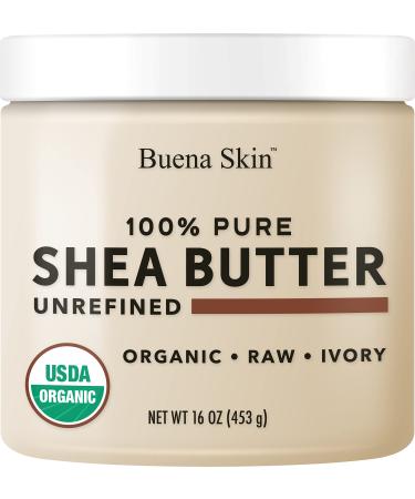 Buena Skin Pure Unrefined Raw Shea Butter 1lb - USDA Certified, African Grade A Ivory Unrefined, Cold-Pressed Body Butter for DIY Cream, Dry Skin Lotions, Moisturizer, Soap, Lip Balm, Hair Conditioner