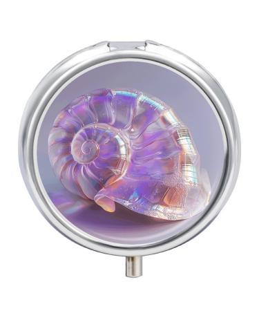 Pill Box Pill Case 3 Compartment Travel Pill Box Soft Purple Seashells Printing Small Pill Box Portable Medicine Pill Case Pill Organizer for Purse & Pocket for Travel Handbag (Round)