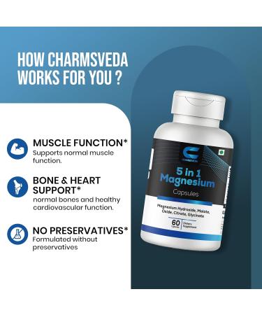 CHARMSVEDA 5-in-1 Magnesium Capsules Magnesium Complex (Hydroxide Malate Oxide Citrate Glycinate) 60 Vegan Capsules - Buy Online on GoSupps.com