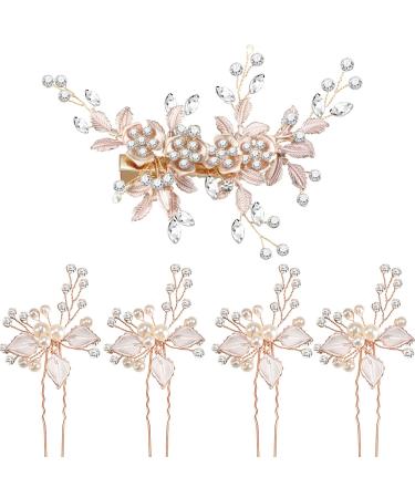 5 Pieces Bridal Rhinestone Hair Pins Wedding Hair Clips Bridal Hair Piece Light Rose Gold Flower Leaves with Artificial Pearl Hair Barrette for Wedding Hair Accessories (Light Rose Gold)