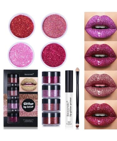 Prevessel glitter lip kit 4 color metallic glitter lipstick glitter powder glossy long -lasting long -lasting stay golden cosmetics glitter lip kit with lip primer and brush for party carnival make