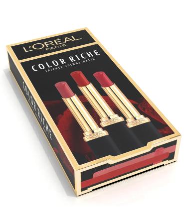 L Or al Paris - 3 Lipsticks Set - Matte and plumping - Color Riche - Shades: Nude Independant (640) Rouge Determination (346) Rose Activist (188)
