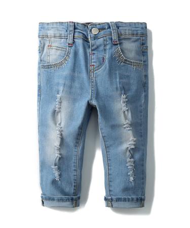 KIDSCOOL SPACE Baby Girl Boy Slim Jeans Little Kid Elastic Band Inside Ripped Denim Pants 6-12 Months Light Blue-2049