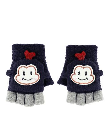 Kids Toddlers Knitted Mittens Cute Cartoon Monkey Infant Winter Warm Soft Gloves Convertible Thermal Mittens Half Finger Flap Cover Mittens for Children Little Boys Girls Hand Warmer 3-8 Years Old Dark Blue