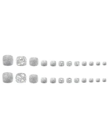 24pcs Silver Glitter Acrylic Fake Toenails Set with Diamond Designs - Women & Girls - Buy Online on GoSupps.com
