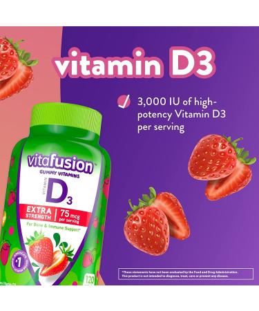 VitaFusion Extra Strength D3 Gummies - 75 mcg Bone & Immune Support, Natural Strawberry Flavor, 120 Count - Buy Online on GoSupps.com