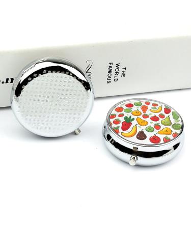 Round Pill Box with Vegetable & Fruit Print - 3 Compartment Portable Metal Pill Organizer - Buy Online on GoSupps.com