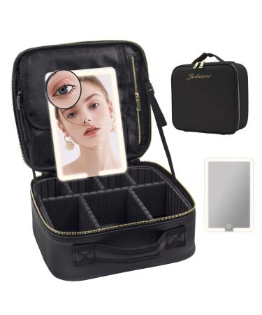 Jadazror Travel Makeup Bag with Mirror Partitionable Makeup Case with Removable Lighted Mirror 3 Color Setting Portable Makeup Train Case with Brushes Storage and Small 20x Magnifying Mirror Black