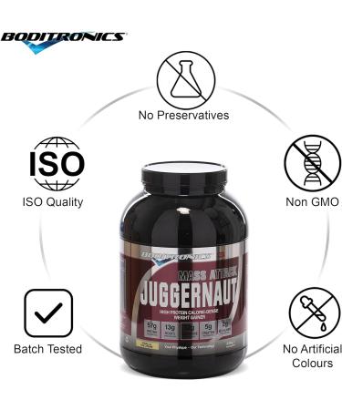 Boditronics Mass Attack Juggernaut Powder - High Protein Weight Gainer with 5g Creatine, BCAA, Glutamine & Beta Alanine - Vanilla Ice Cream Flavor - 2 kg Pack - Buy Online on GoSupps.com