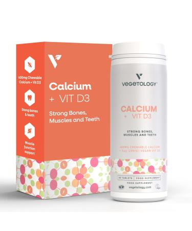 Vegetology Calcium Tablets and Vitamin D3, Chewable Vegan Supplement, Helps Maintain Strong Bones and Support Muscle Function, 60 Count, Age 11+