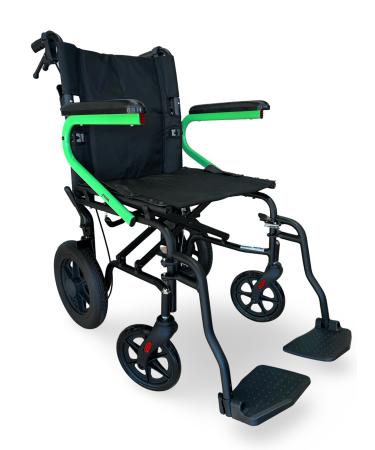MOBB Transport Wheelchair w/Handbrake 12" Wheels Swing Away Legrest Foldable Backrest 18 Seat Width 300lbs Weight Capacity Lime Green