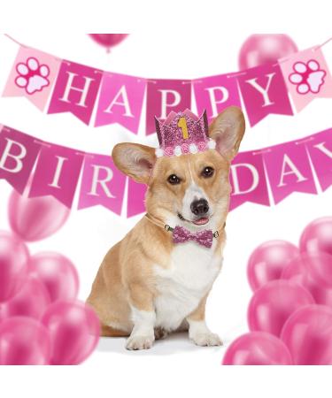 Dog Birthday Party Accessories | Pink Decoration Set with Crown Glitter Fly & Happy Birthday Banner for Dogs & Cats - Buy Online on GoSupps.com
