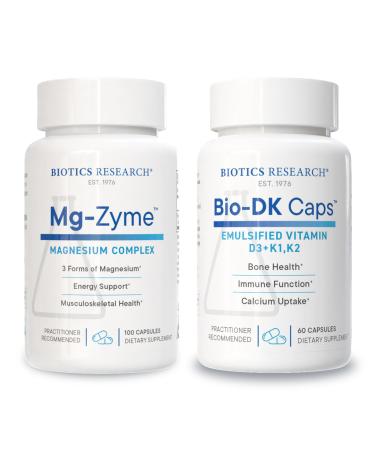 Biotics Research Mg-Zyme Triple Magnesium Complex for Sleep Relaxation & Bone Health + Bio-DK Caps Emulsified Vitamin D3 & K1/K2 for Strong Bones Heart & Immune Support 100 Capsules & 60 Capsules