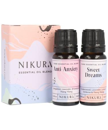 Nikura Anxiety Relief Essential Oil Blends Set - 2 x 10ml | Anti-Anxiety & Sweet Dreams | Essential Oils For Diffusers for Home Aromatherapy | Lavender Oil for Sleep Bergamot Ylang Ylang for Stress