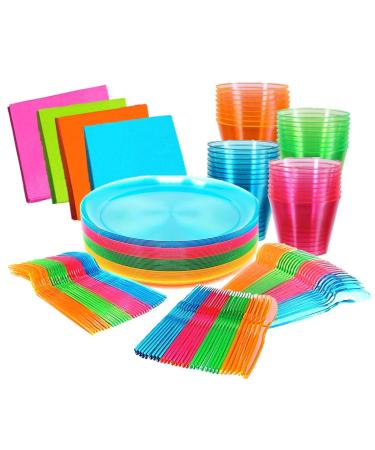 Glow Neon Party Supplies - Serves 32, Hard Plastic Disposable Neon Party Plates, Napkins, Cups Tumblers, Cutlery Forks Knives Spoons, Glow in the Dark Neon Party Fiesta Plates Encanto Birthday Party Complete Party Pack (pl