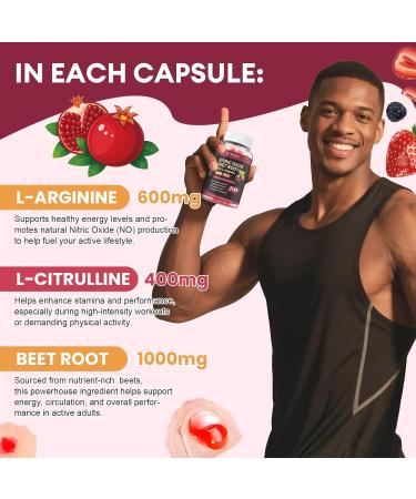 Beet Root Nitric Oxide Booster Gummies with L-Arginine, L-Citrulline, Grape Seed, Pomegranate for Man & Woman Pre Workout - Heart, Energy, Muscle & Circulation Support Vegan, NON-GMO, Sugar Free 60 Count (Pack of 1) - Buy Online on GoSupps.com