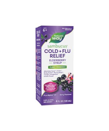 Nature's Way Sambucus Cold + Flu Relief Elderberry Syrup Speeds Recovery for Fever* Body Aches* Chills* Runny Nose* Cough Congestion Sore Throat Berry Flavored 4 Fl. Oz.
