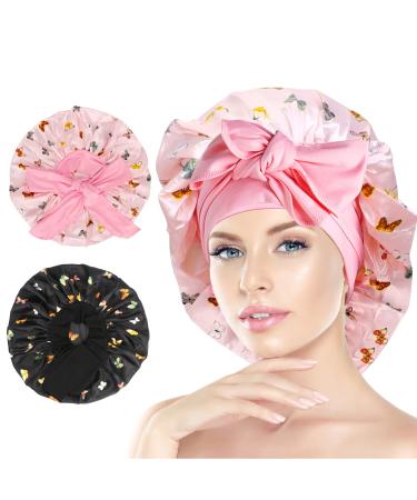 Arqumi Silk Bonnet 2PCS Large Silk Hair Wrap for Sleeping Adjustable Satin Bonnet Hair Bonnet Sleep Cap with Elastic Stay On Head for Long Curly Thick Black Hair for Women Hair Care Black&Pink A (2PCS) Pattern Black & Pink