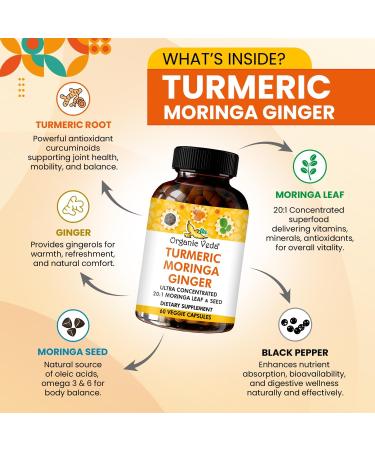 Organic Veda Turmeric Moringa Ginger Capsules - Super Antioxidants & Curcumin Supplement with 20:1 Moringa Leaf & Seed Extract Black Pepper - Energy Joints Heart Health Support - 60 Vegan Pills - Buy Online on GoSupps.com