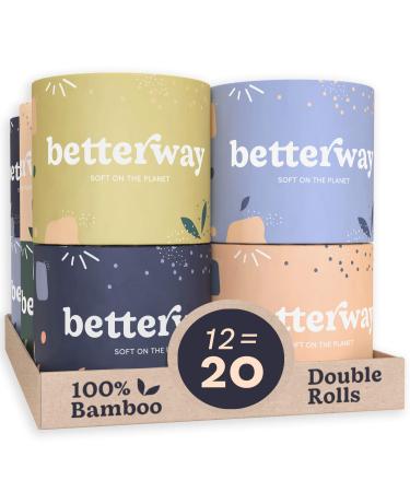 Betterway Bamboo Toilet Paper 3 PLY - Eco Friendly, Sustainable Toilet Tissue - 12 Double Rolls & 360 Sheets Per Roll - Septic Safe - Organic, Plastic Free, Compostable & Biodegradable - FSC Certified 12 Count (Pack of 1)
